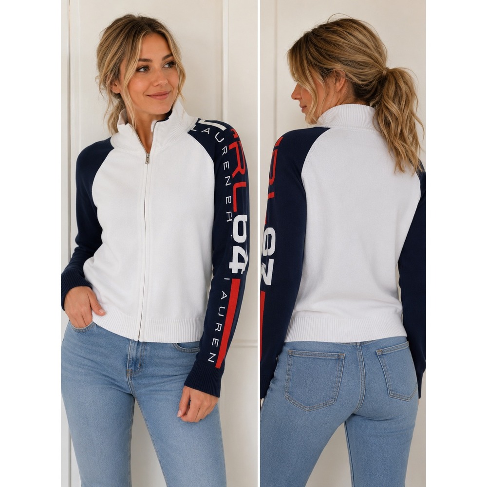 Old money Lauren Ralph Lauren Zip Up Sweater Women Navy White Red collegiate Y2K
